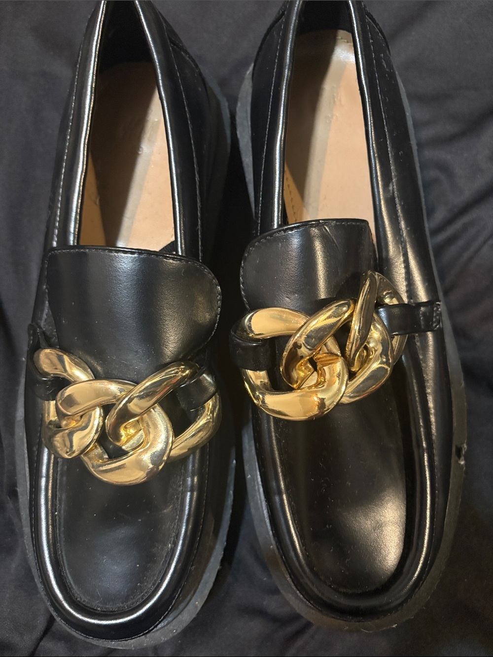 H&M Black Leather Loafers with Gold Chain Detail